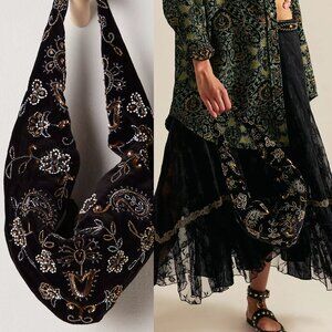 FREE PEOPLE Nashville Nights Beaded Sequin Velvet Shoulder Bag In Black NWT